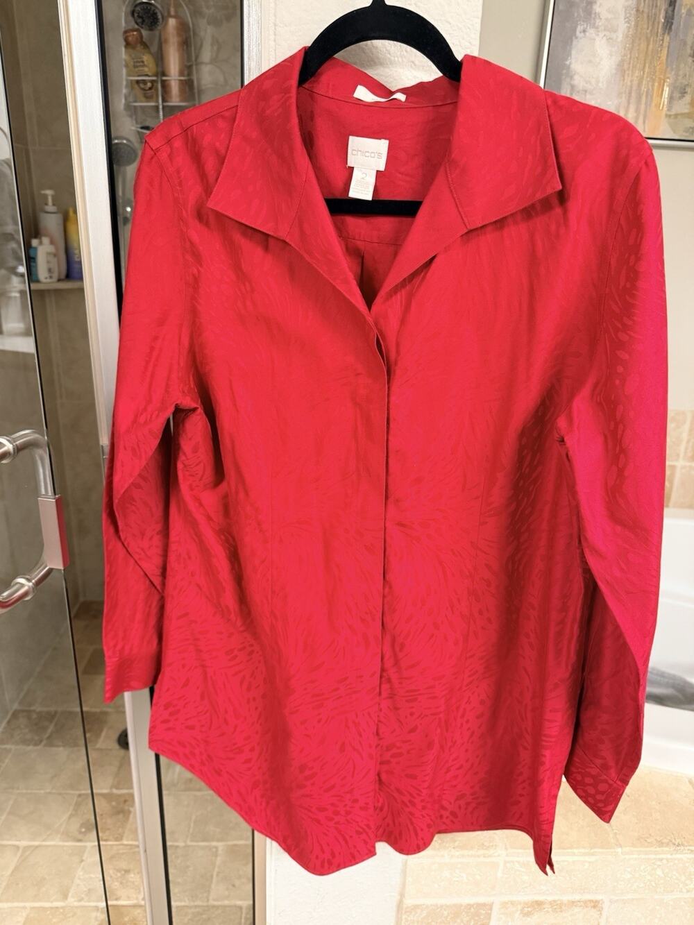 Chico’s Women’s Red Jacquard Button Front Blouse SZ 2 Travelers Lightweight Top